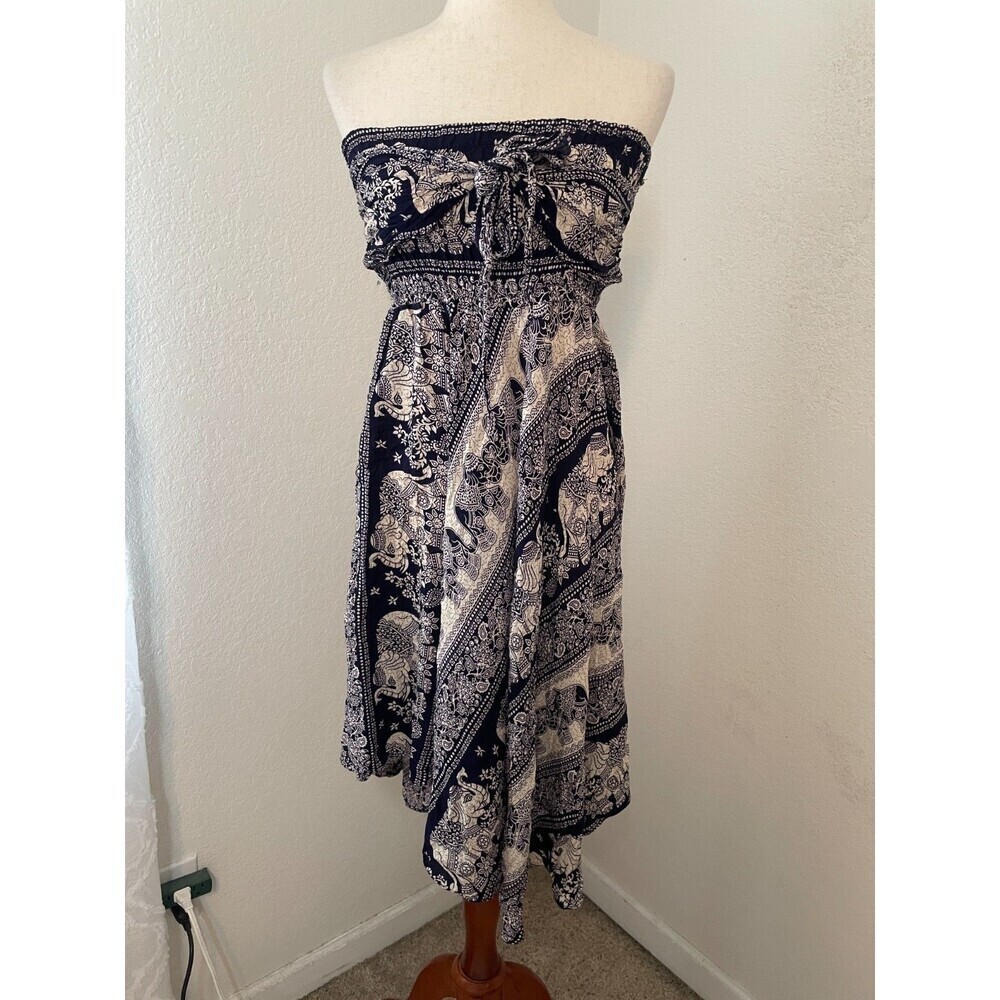 Boho Elephant Print Strapless Midi Dress Asymmetrical Hem Navy Beige 100% Rayon